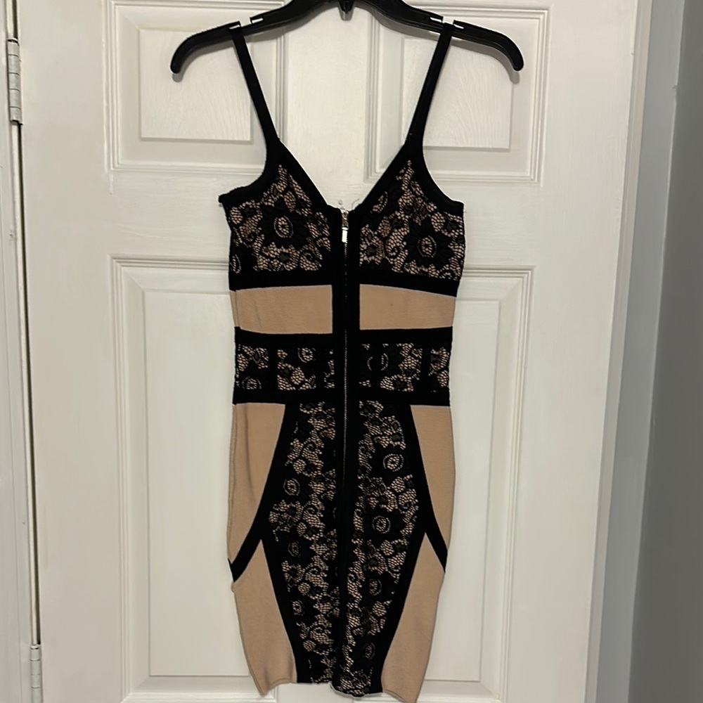 Black and Beige Dress with Lace Floral Pattern